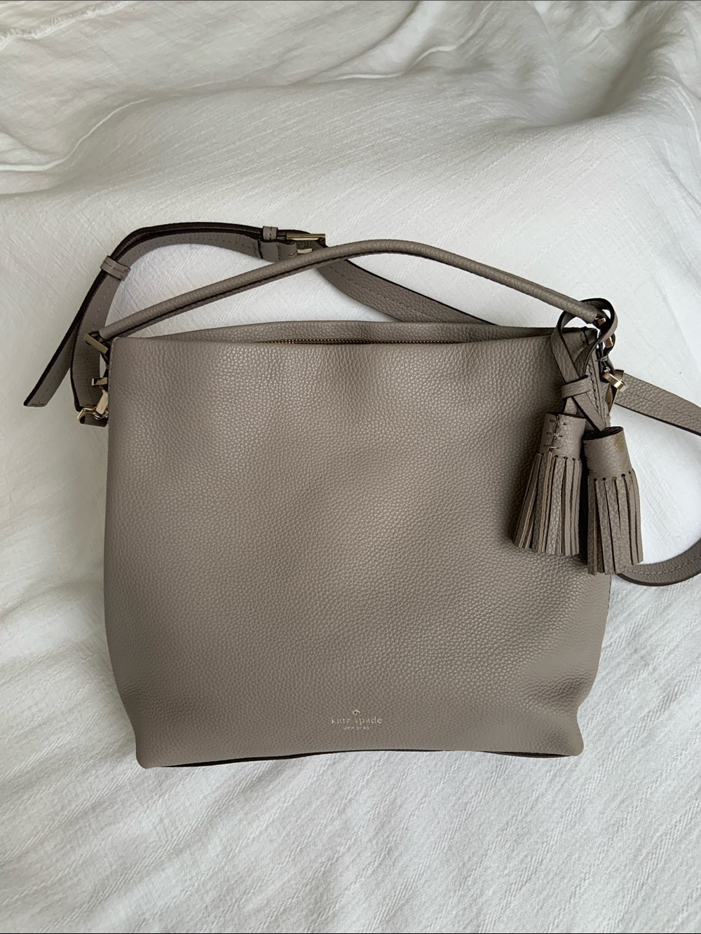 kate spade Taupe Gray Pebbled Leather Shoulder Bag with Tassels